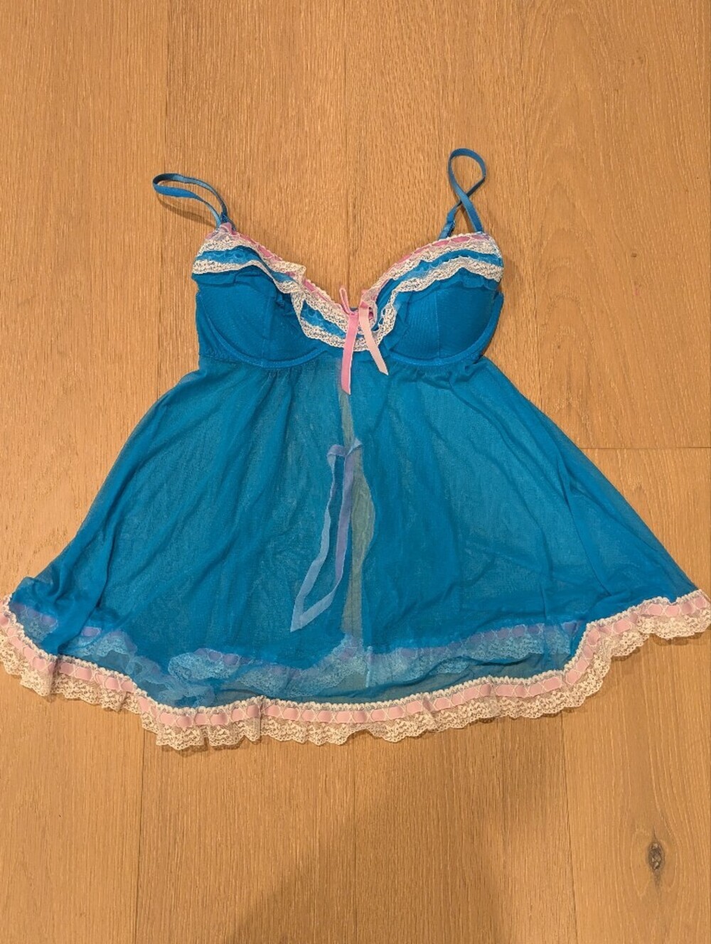 Jezebel Bright Blue Sheer Babydoll with Pink Ribbon Accent